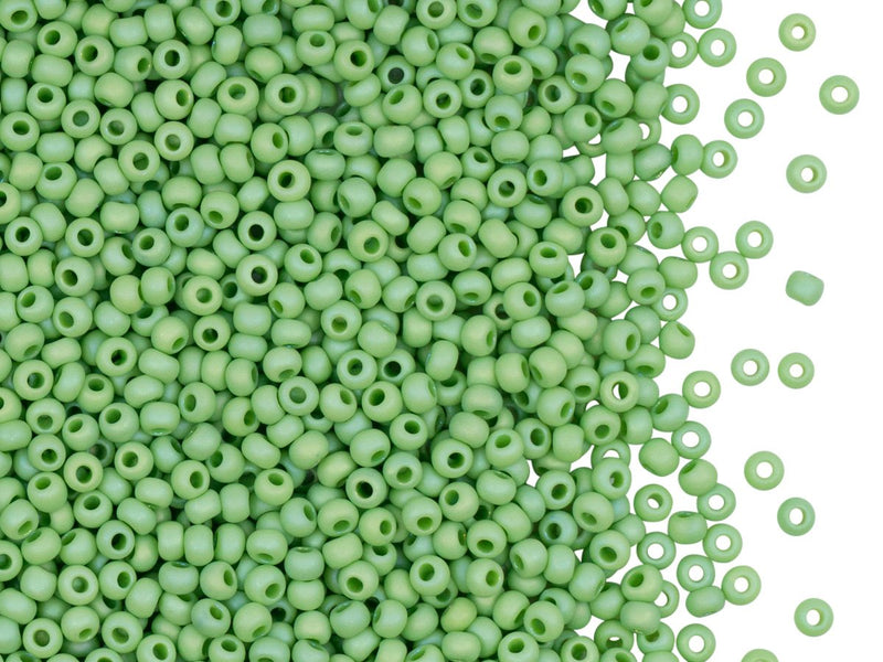 Rocailles Seed Beads 10/0, Opaque Pale Green Matte AB, Czech Glass
