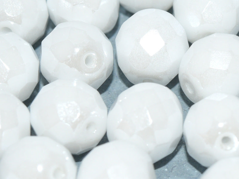 10 pcs Fire-Polished Faceted Beads Round 10mm, Czech Glass, Chalk White Shimmer