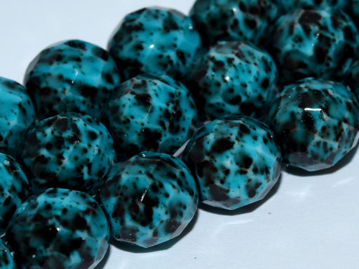 10 pcs Fire-Polished Faceted Beads Round 10mm, Czech Glass, Chalk White Turquose Marble