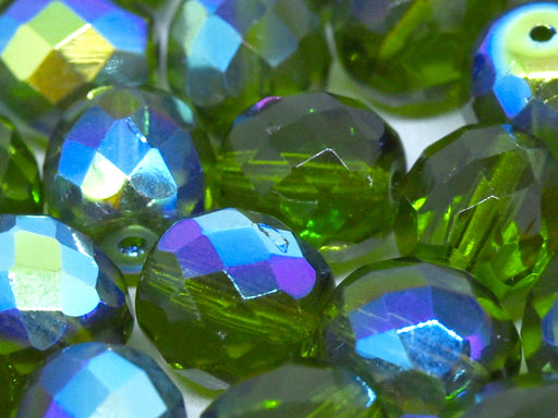 10 pcs Fire-Polished Faceted Beads Round 10mm, Czech Glass, Olivine AB