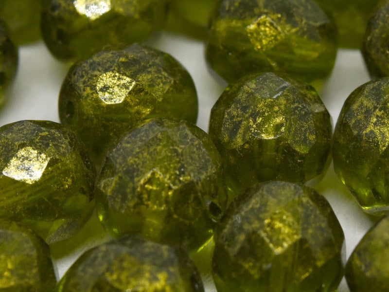 10 pcs Fire-Polished Faceted Beads Round 10mm, Czech Glass, Olivine Gold Picasso