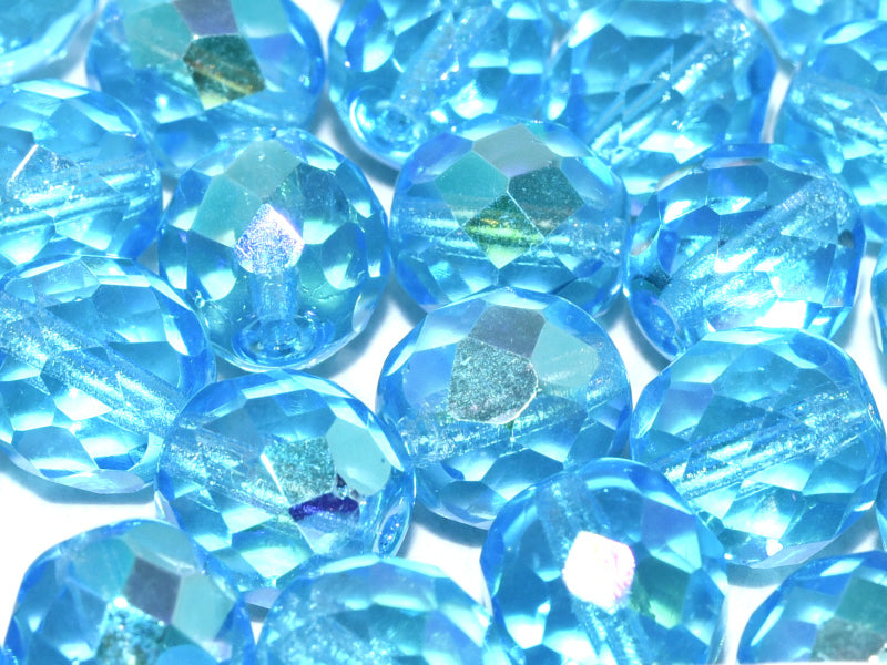10 pcs Fire-Polished Faceted Beads Round 10mm, Czech Glass, Aqua AB
