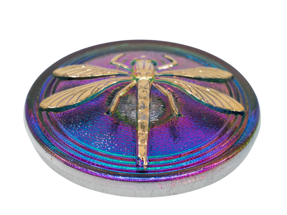 1 pc Czech Glass Buttons Hand Painted, Size 14 (31.5mm | 1 1/4''), Purple Green Chameleon With Gold Dragonfly, Czech Glass