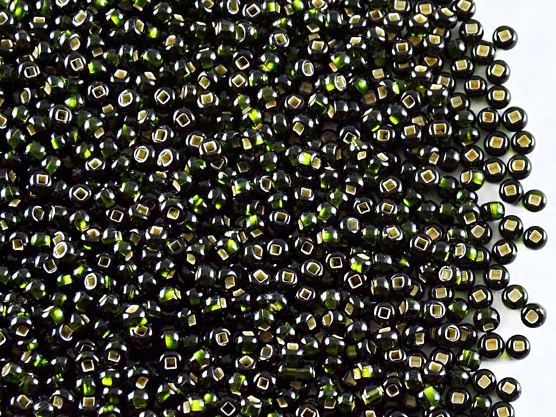 20 g 10/0 Seed Beads Preciosa Ornela, Dark Green Silver Lined, Square Hole, Czech Glass