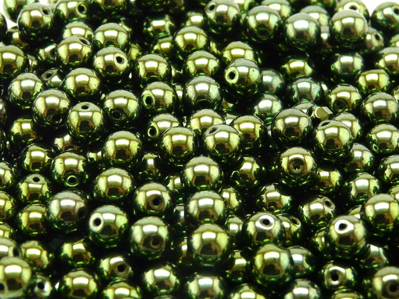 50 pcs Round Pressed Beads, 6mm, Jet Green Luster, Czech Glass