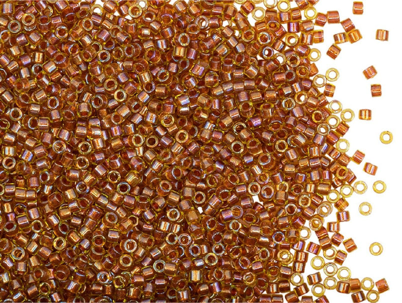 5 g Delica 11/0 Miyuki, Sparkling Dark Topaz Lined Chartreuse AB, Japanese Seed Beads