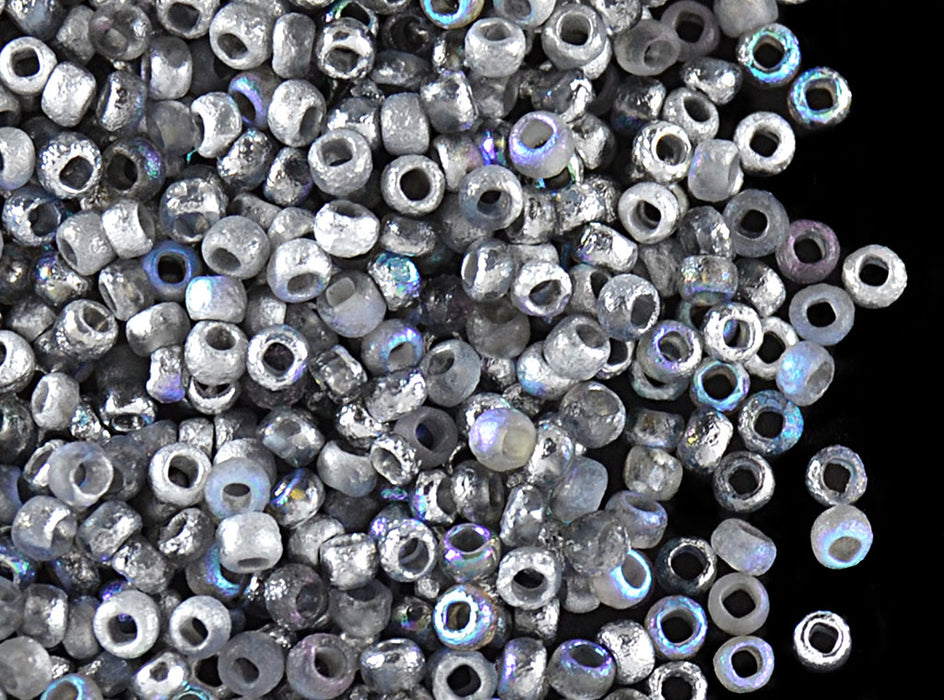 10 g 11/0 Etched Seed Beads, Etched Crystal Silver Rainbow, Czech Glass
