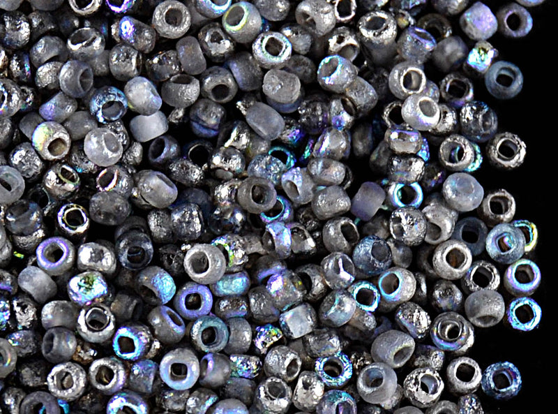 10 g 11/0 Etched Seed Beads, Etched Crystal Graphite Rainbow, Czech Glass