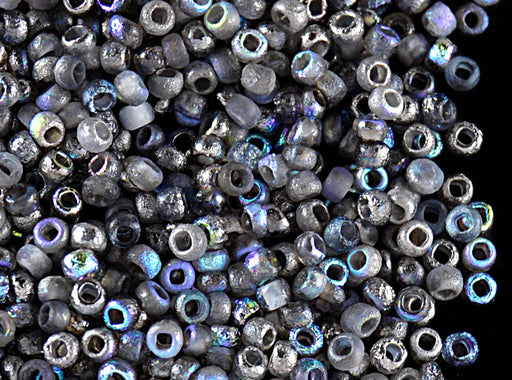 10 g 11/0 Etched Seed Beads, Etched Crystal Graphite Rainbow, Czech Glass
