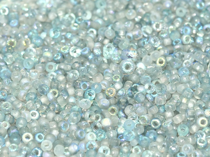 10 g 11/0 Etched Seed Beads, Etched Crystal Blue Rainbow, Czech Glass