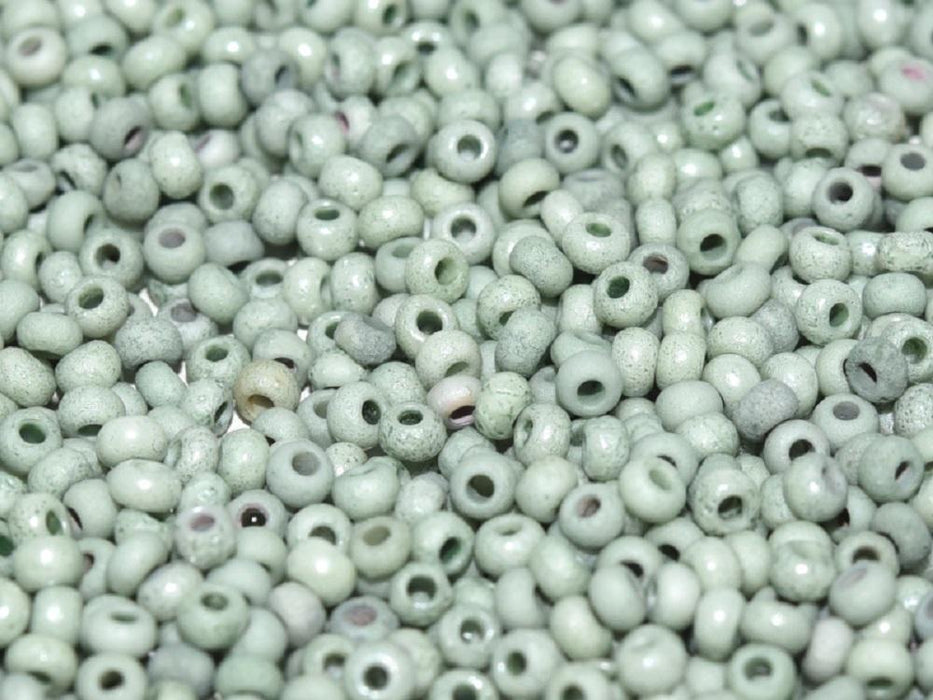 Etched Seed Beads 11/0, Chalk White Etched Teal Luster, Czech Glass