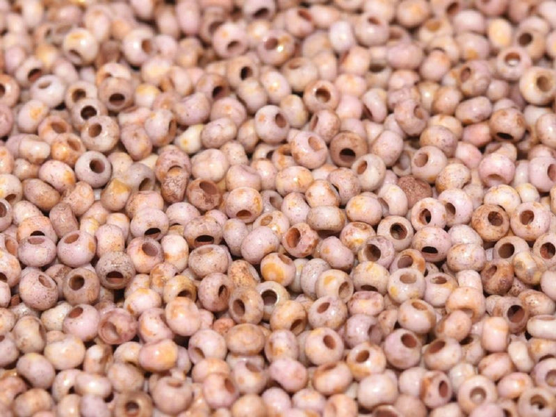 Etched Seed Beads 11/0, Chalk White Etched Lila Gold Luster, Czech Glass