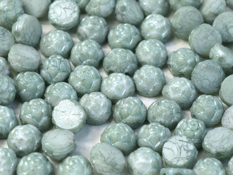Rosetta Cabochons 6 mm, 2 Holes, Chalk White Teal Luster, Czech Glass