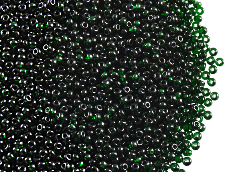 20 g 11/0 Seed Beads Preciosa Ornela, Dark Green Transparent, Square Hole, Czech Glass