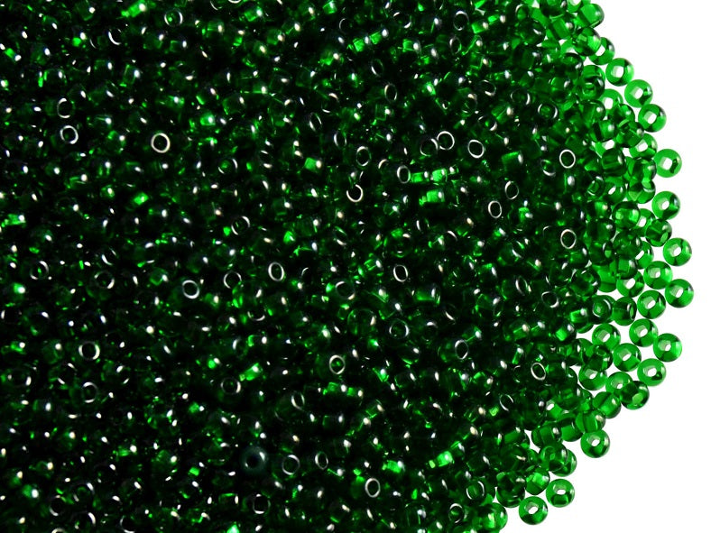 20 g 11/0 Seed Beads Preciosa Ornela, Green Transparent, Square Hole, Czech Glass