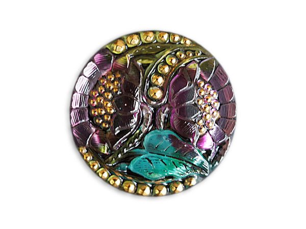 1 pc Czech Glass Button, Pink Vitrail Flowers Gold Ornament, Hand Painted, Size 12 (27mm)