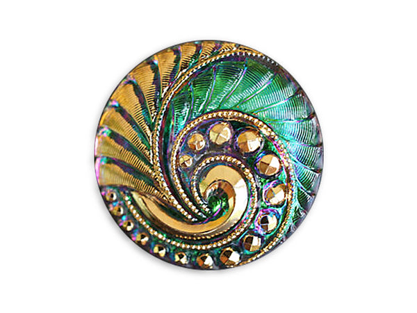 1 pc Czech Glass Button, Green Vitrail Gold Ornament, Hand Painted, Size 12 (27mm)