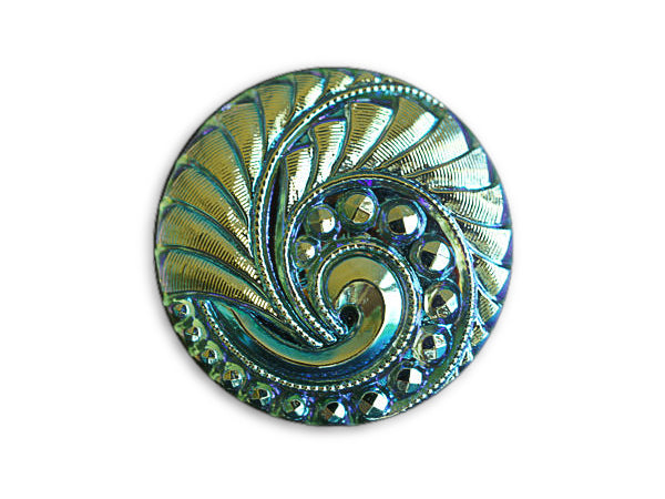 1 pc Czech Glass Button, Light Chrysolite AB Gold Ornament, Hand Painted, Size 12 (27mm)