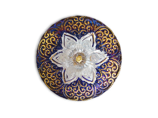 1 pc Czech Glass Button, Blue Vitrail Gold White with Rhinestones, Hand Painted, Size 12 (27mm)