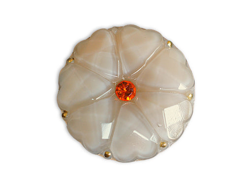 1 pc Czech Glass Button, Flower Ivory with Red Rhinestones, Hand Painted, Size 12 (27mm)