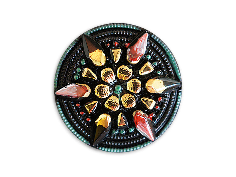 1 pc Czech Glass Button, Black Gold Star Flower, Hand Painted, Size 12 (27mm)