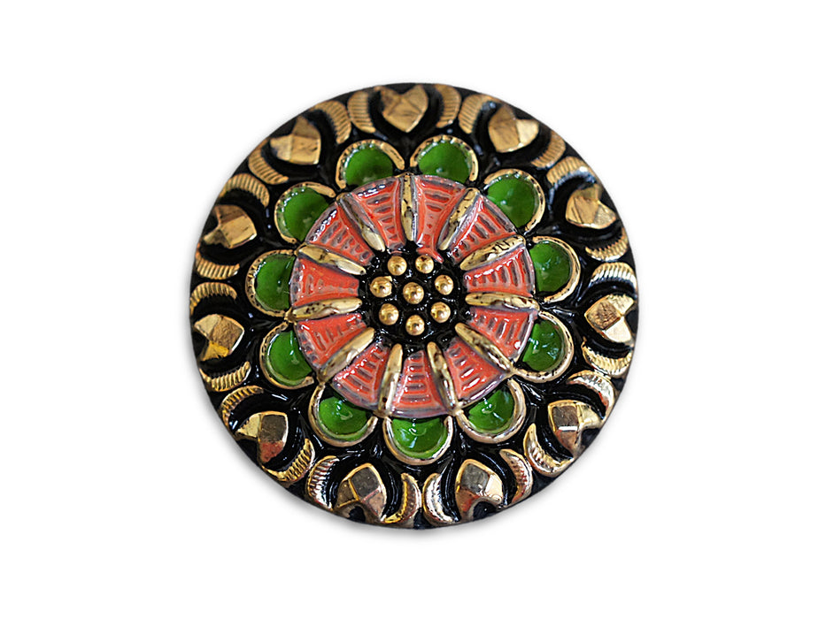 1 pc Czech Glass Button, Black Gold Green Pink Ornament, Hand Painted, Size 12 (27mm)