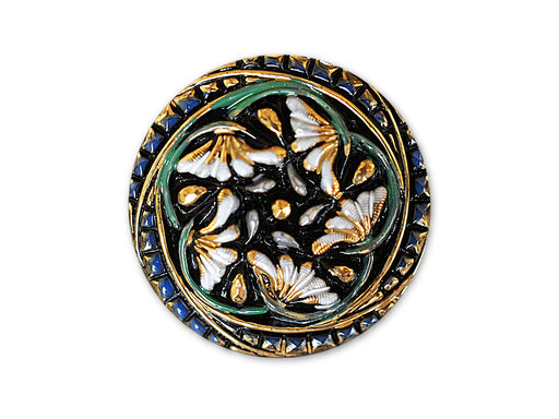 1 pc Czech Glass Button, Black Gold Blue with Flowers, Hand Painted, Size 12 (27mm)