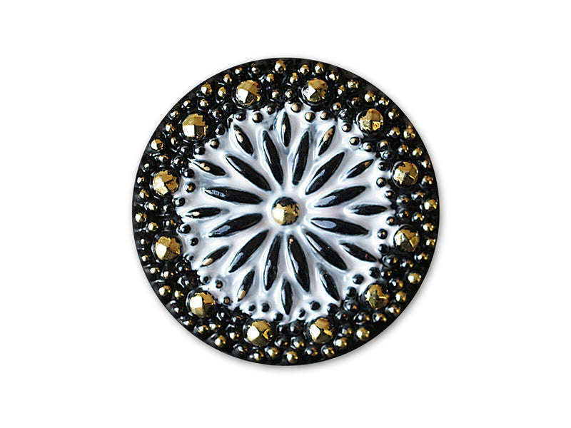 1 pc Czech Glass Button, Black White Gold, Hand painted, size 12 (27mm), 1pc