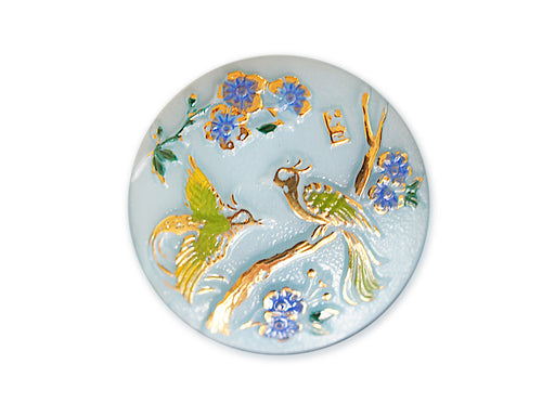 1 pc Czech Glass Button, Light Blue Blue Flowers Birds, Hand Painted, Size 12 (27mm)