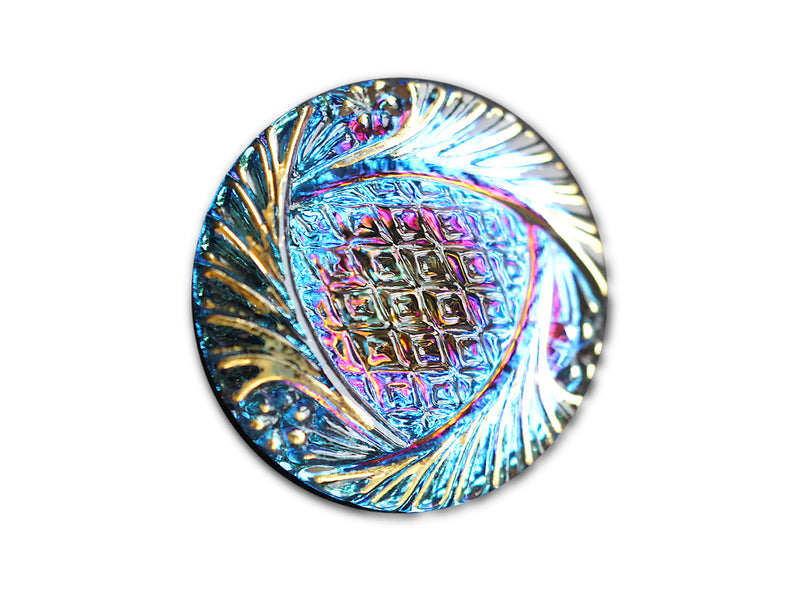 1 pc Czech Glass Button, Volcano Blue Gold Ornament, Hand Painted, Size 12 (27mm)