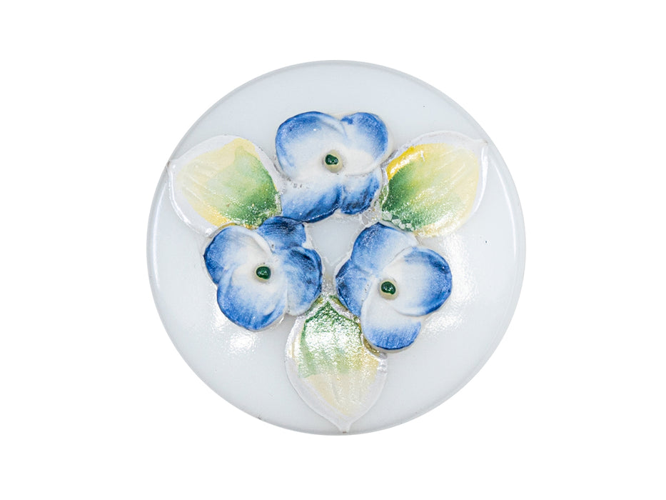 1 pc Czech Glass Button Hand Painted, Size 12 (27.0mm | 1 1/16''), Violets on White, Czech Glass