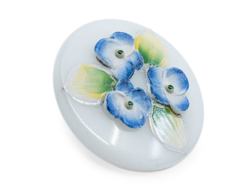 1 pc Czech Glass Button Hand Painted, Size 12 (27.0mm | 1 1/16''), Violets on White, Czech Glass