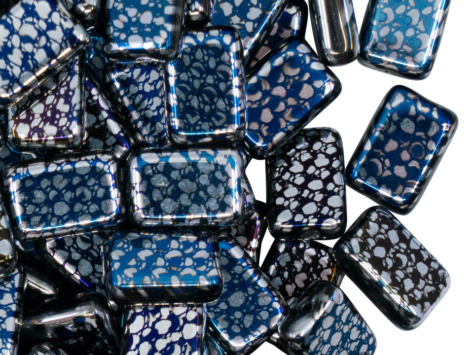 Pressed Oblong Tiles 12x8 mm, Black Blue Silver Fish Scales, Czech Glass