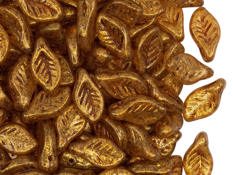 Bay Leaf Beads 6x12 mm, Crystal Gold Spotted, Czech Glass