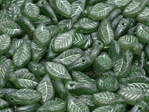 Bay Leaf Beads 6x12 mm, Crystal Matte Teal with Green Decor, Czech Glass
