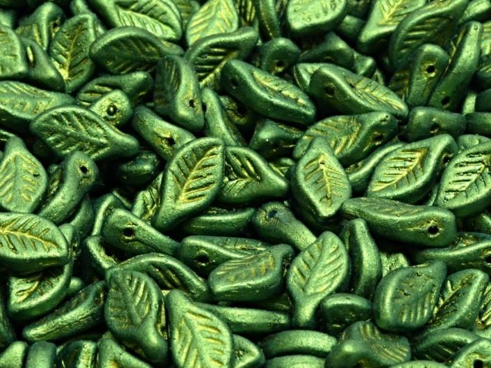 Bay Leaf Beads 6x12 mm, Gold Shine Dark Olive, Czech Glass