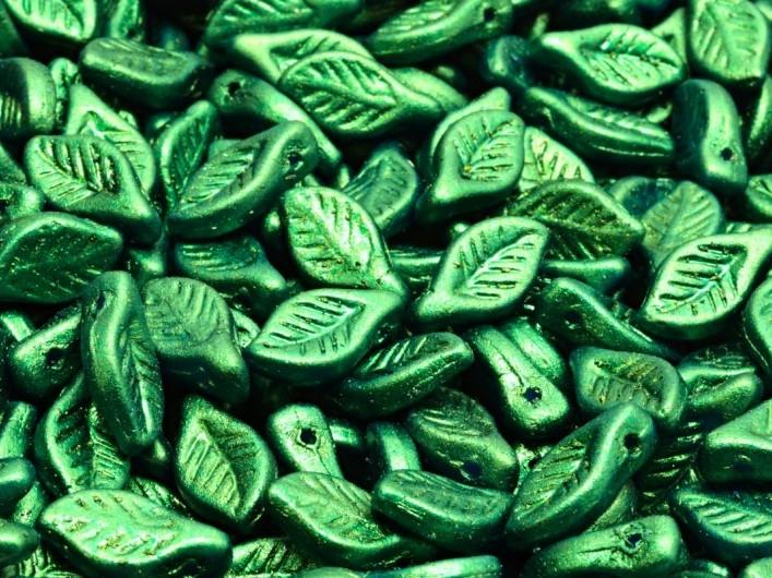 Bay Leaf Beads 6x12 mm, Gold Shine Dark Green, Czech Glass