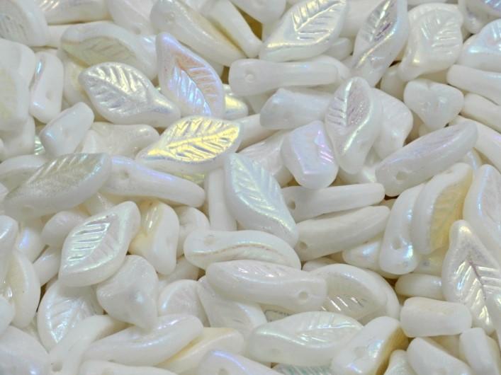 Bay Leaf Beads 6x12 mm, Alabaster Matte Full AB, Czech Glass