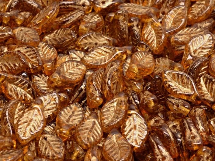 Bay Leaf Beads 6x12 mm, Dark Topaz with Gold Decor, Czech Glass