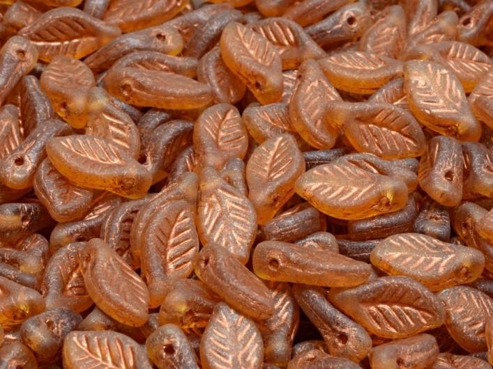 Bay Leaf Beads 6x12 mm, Dark Topaz Matte with Copper Decor, Czech Glass