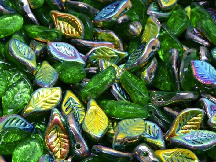 Bay Leaf Beads 6x12 mm, Chrysolite Vitrail, Czech Glass