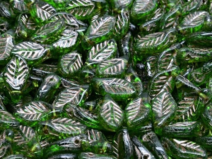 Bay Leaf Beads 6x12 mm, Chrysolite with Bronze Decor, Czech Glass