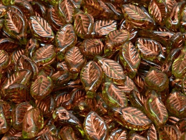 Bay Leaf Beads 6x12 mm, Olivine Transparent with Copper Decor, Czech Glass