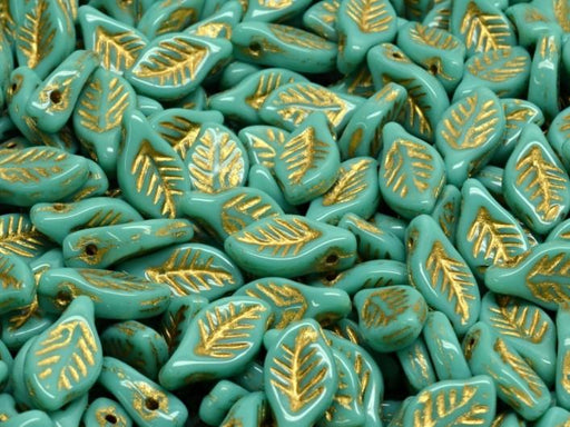 Bay Leaf Beads 6x12 mm, Opaque Turquoise with Gold Decor, Czech Glass