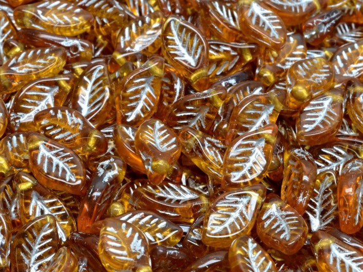Bay Leaf Beads 6x12 mm, Dark Topaz with Silver Decor, Czech Glass