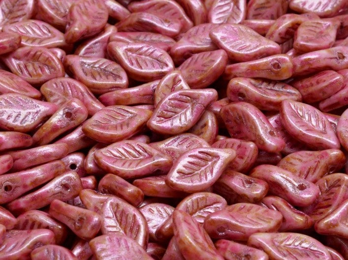 Bay Leaf Beads 6x12 mm, Alabaster Rose Spotted, Czech Glass