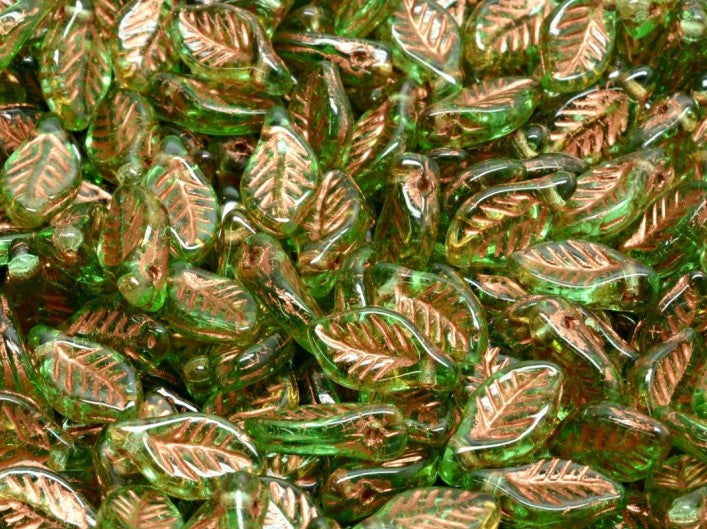 Bay Leaf Beads 6x12 mm, Peridot with Copper Decor, Czech Glass
