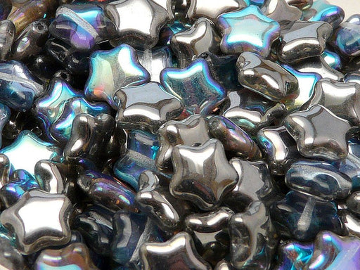 12 pcs Star Beads, 12 mm, Czech Glass, Crystal Graphite Rainbow
