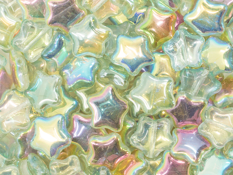 12 pcs Star Beads, 12 mm, Czech Glass, Crystal Green Rainbow