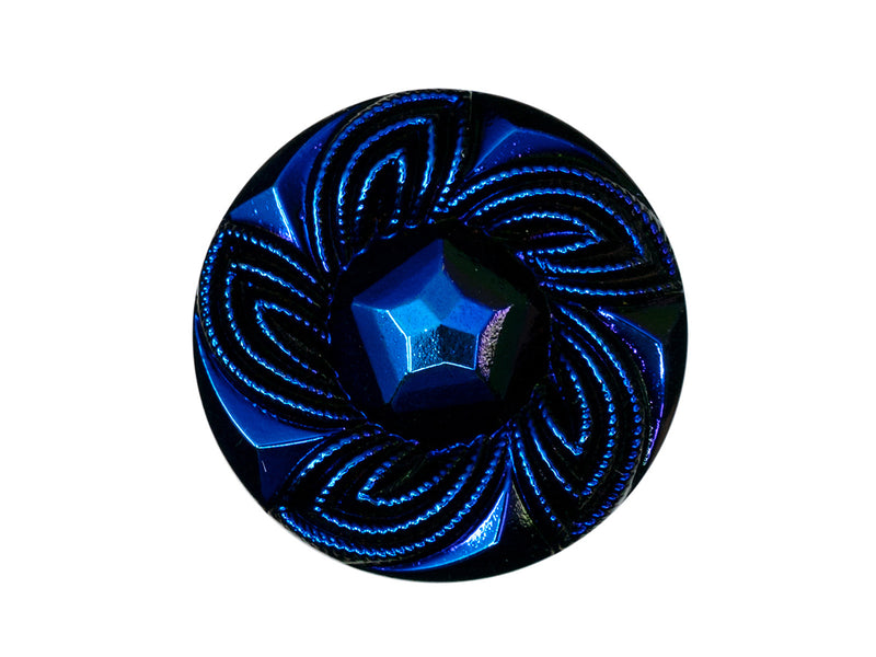 Czech Glass Buttons Hand Painted, Size 12 (27.0mm | 1 1/16''), Black AB Blue With Floral Design, Czech Glass